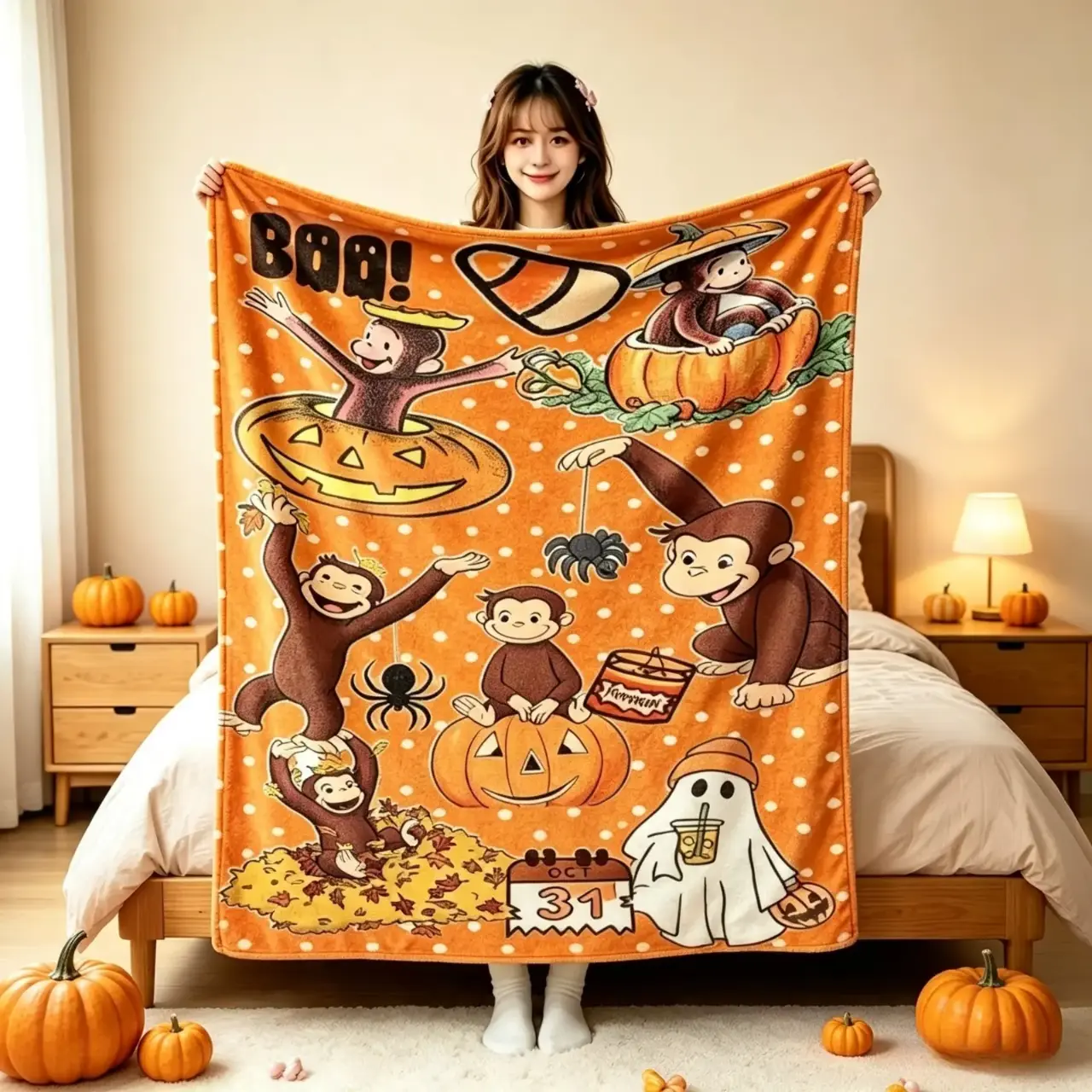 Curious George Halloween Monkey Throw Blanket, Cute Spooky Pumpkin Ghost Cartoon Blanket, Soft Cozy Plush Blanket for Couch Sofa Bed Bedroom Decor, Fall Holiday Gift for Kids Teens Adults Halloween Lovers