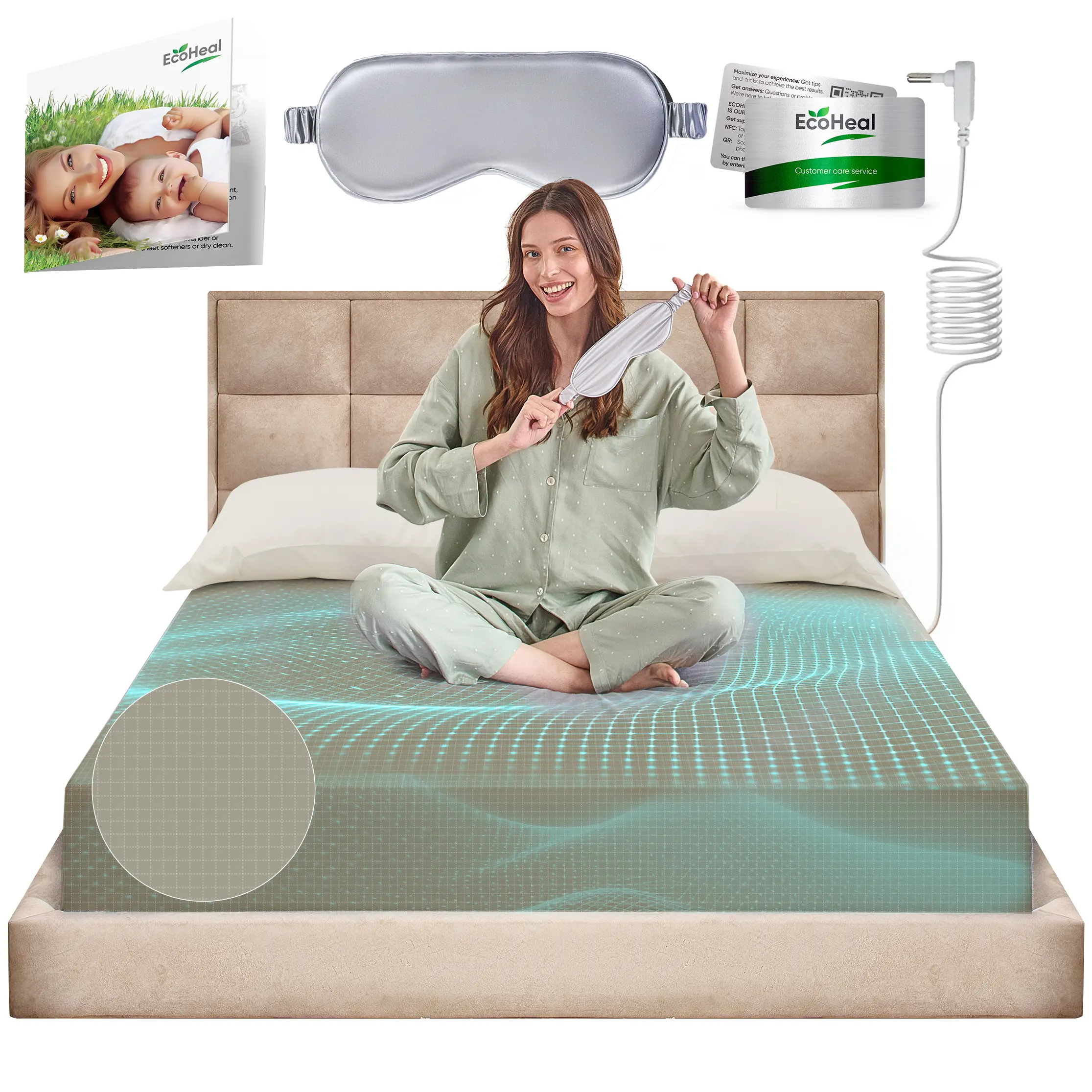 EcoHeal Grounding Sheet + Mask Silver 100% Organic Cotton 12% Silver Fiber & 4% Silk Soft Conductive Earthing Fitted Bed Sheets for Restful Sleep, Emf Protection, High Conductivity