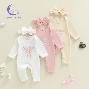 Baby Girls Fall Romper Bow Letter Print Waffled Long Sleeve Round Neck Jumpsuit with Headband	