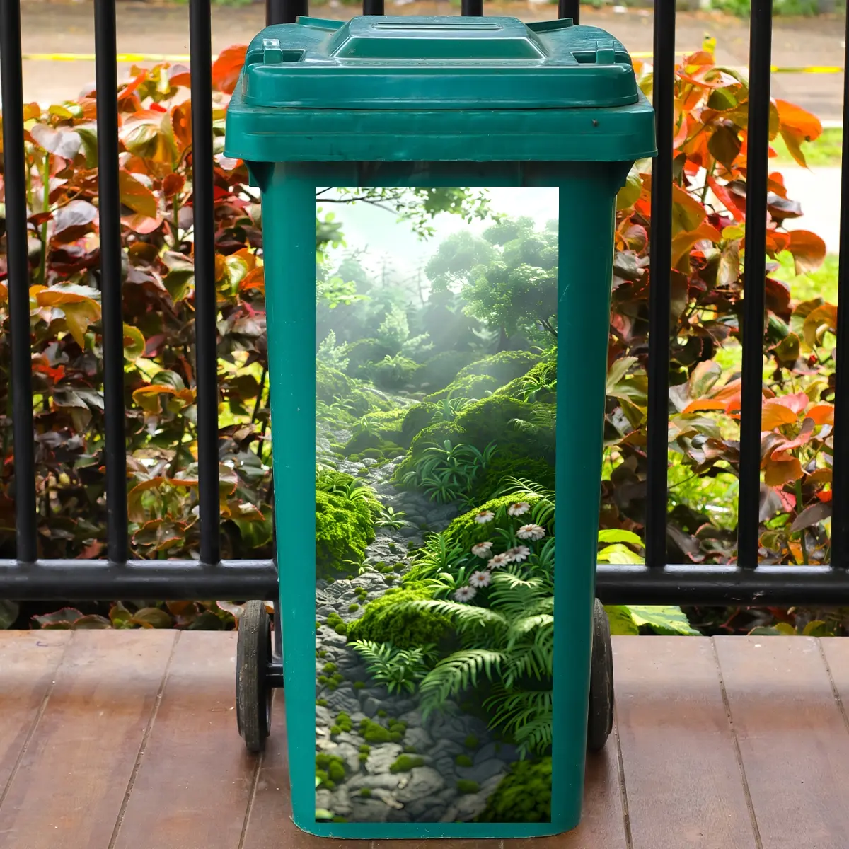 Plant Grass Stone Path Scenic Trash Can Sticker, Self-Adhesive PVC Plant Decal for Home Decor, Beautiful Landscape Design