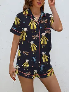 This 2-piece Coraline Nights print women's pajama set, Loungewear, includes a short-sleeved collared button-down soft top and loose stretch shorts. It's a stylish perfect for holidays, parties, or casual outdoor wear