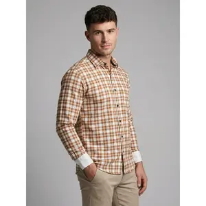 Men's Orange and White Gingham Checkered Button-Down Shirt