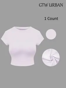 Women's Solid Color Crop Tee, Casual Short Sleeve Round Neck T-shirt for Summer, Women's Top for Daily Wear