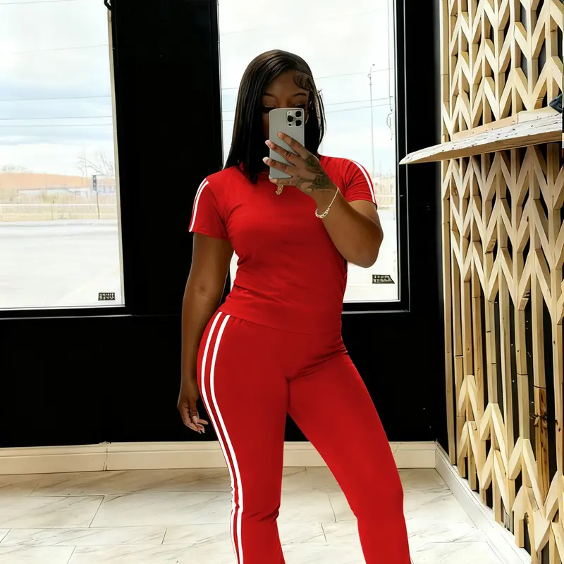 USBOUTIQUECHIC Women's 2026 Spring Polyester Matching 2-Piece Set - Elastic Shortsleeve Top, Comfortable Pants - Casual Spring Outfit, Fitted Flexible Silhouette