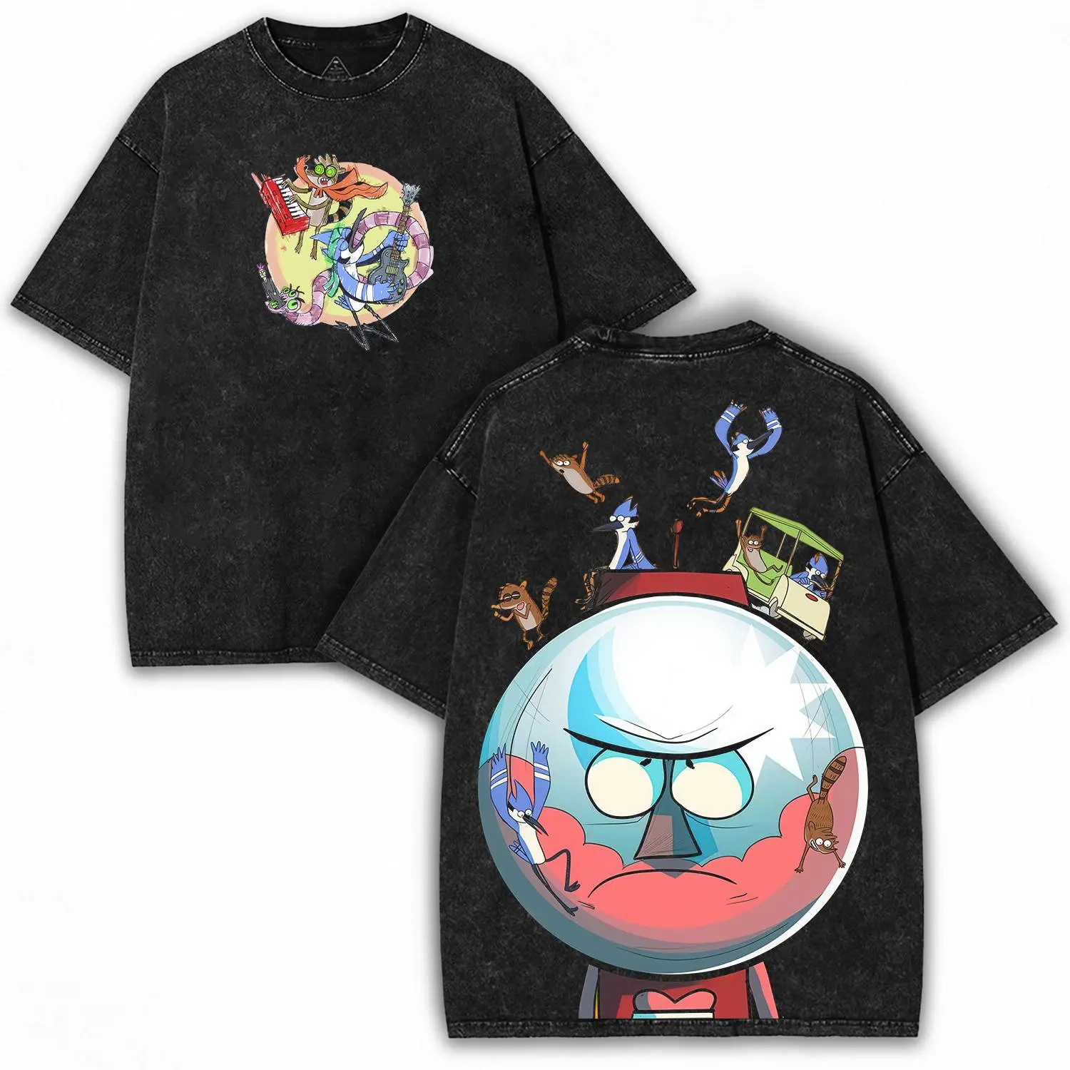 Regular Show Orbit Tee - Trippy Cartoon Circle Cast Print with Double Side Design on Washed Cotton T-Shirt | Collector's Favorite Streetwear Graphic Tee