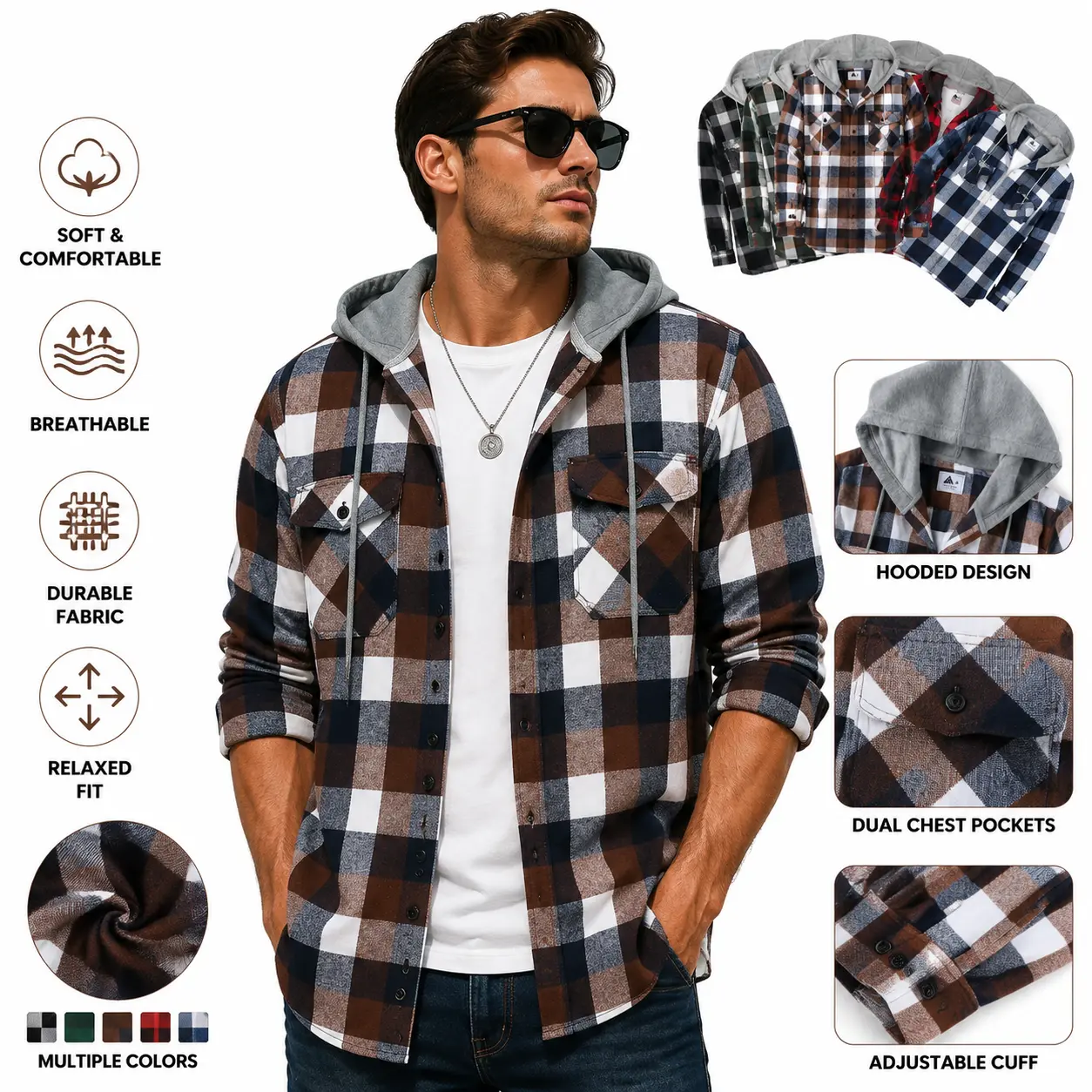 Men's Long Sleeve Hooded Flannel Shacket - Stylish, Breathable Fabric Oversized Hoodie Jacket for Fall Golf Wear Casual Plaid Streetwear Checked