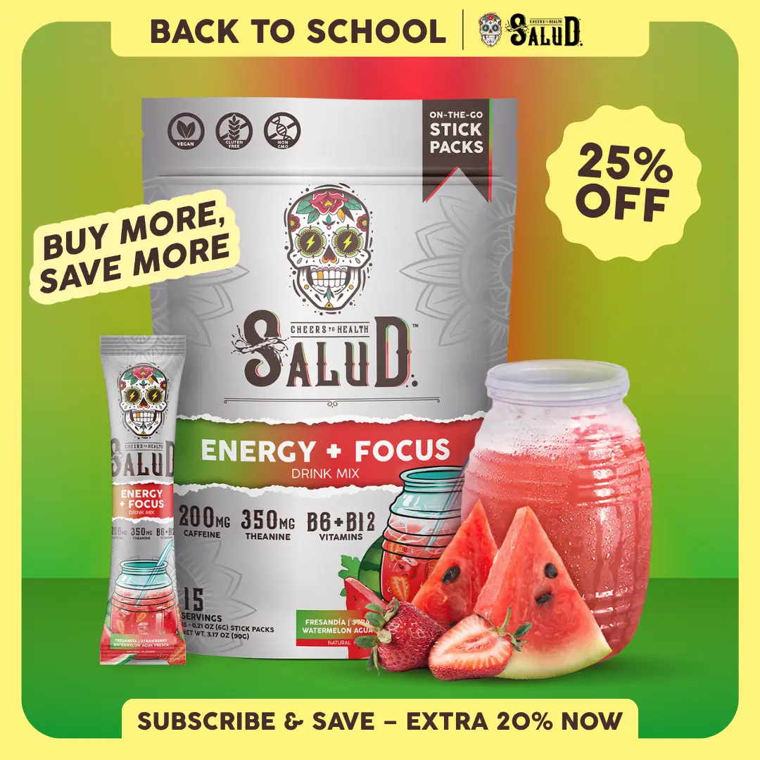 Salud 2-in-1 [Energy + Focus - Fresandía | Strawberry Watermelon] Clean Energy Drink Mix, Agua Fresca, Organic Caffeine, B6 & B12, L-Theanine, Drink Packets, Non-GMO, Gluten Free, Vegan, Low Calorie, 1g Sugar (15 Servings)