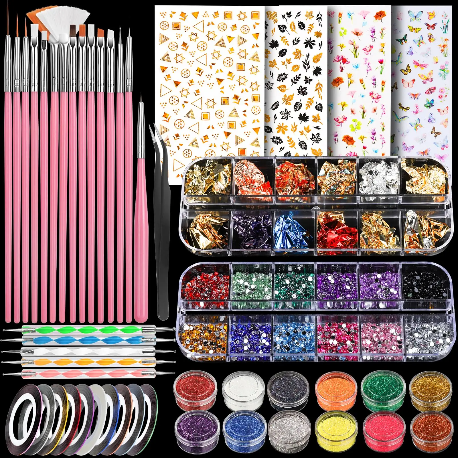 Teenitor Nail Art Kit with Butterfly Nail Stickers, Nail Art Brushes Set for Beginners with Fine Glitter, Nail Design Kit Nail Dotting Tools, Rhinestones for Nails