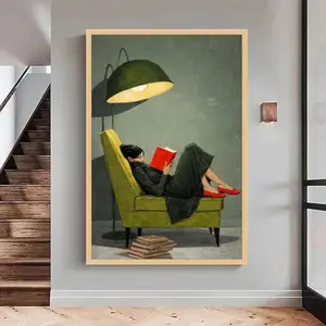 Cozy Reading Moment Canvas, Woman on Green Chair Art, Red Shoes Wall Decor, Floor Lamp - Large Canvas Wall Art, Oversized Statement Piece