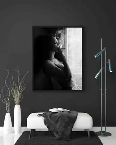 [UNFRAMED POSTER] Woman smoking in balcony Poster Print, black and white Smoking Cigarette fashion Retro Art Photography Premium Quality Picture Home Decor