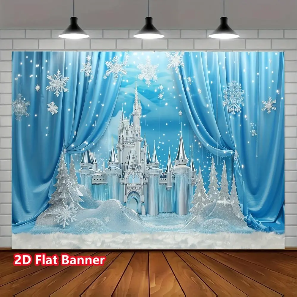 1pc 2D Flat Enchanting Ice Snow Castle Backdrop - Polyester 2D Flat Banner, Winter Wonderland with Snowflakes, Blue Curtains, Snow-Covered Trees, Ideal for Birthday Parties, Photo Booths