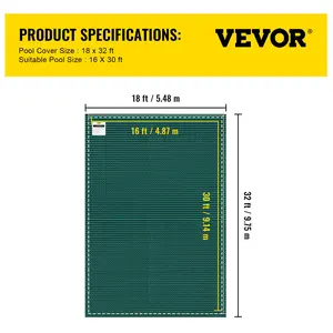 VEVOR Pool Safety Cover Fits 16x30ft Rectangle Inground Pools, Summervibes, Safety Pool Cover with Drainage Holes, Mesh Solid Pool Cover for Swimming Pool, Winter Safety Cover, Green