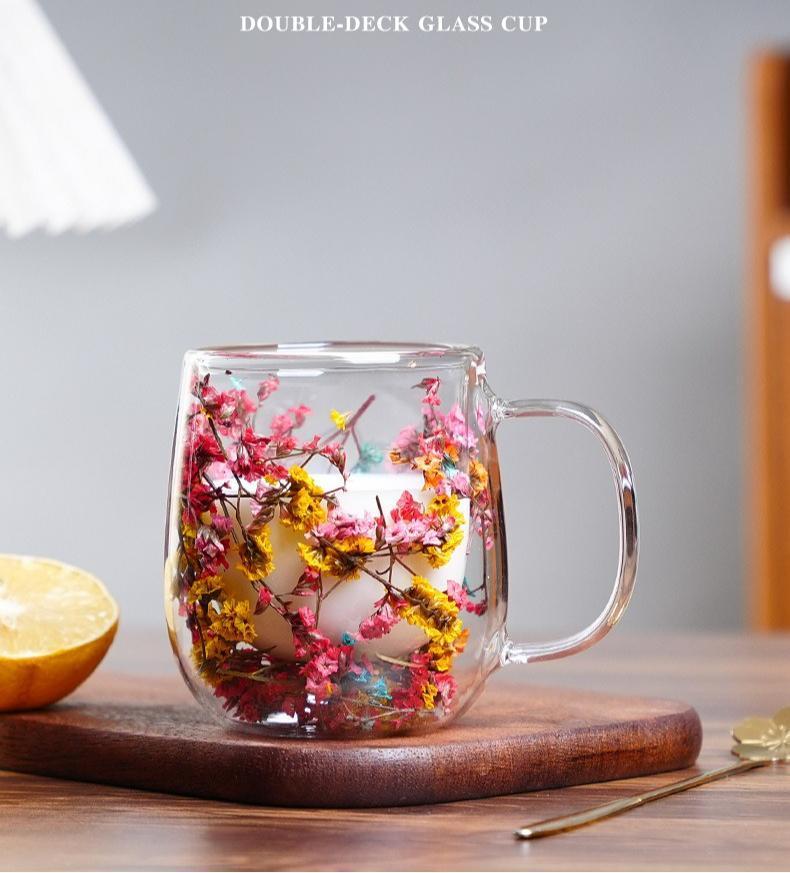 Double Glass Flower Tea Cup, 250ml Double Wall Glass Coffee Cup, Insulated Transparent Cup with Dried Flowers, Heat Resistant Drinkware Tumbler, New Year Gift.The top choice for Mothers Day Gift