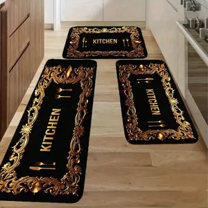 JIT 2/3pcs Kitchen Flannel Gold pattern knife and fork pattern artistic Decorative carpet Kitchen carpet set, flannel bedside set floor mat anti-slip washable bedside soft carpet, suitable for kitchen, laundry room, corridor floor running mat carpet