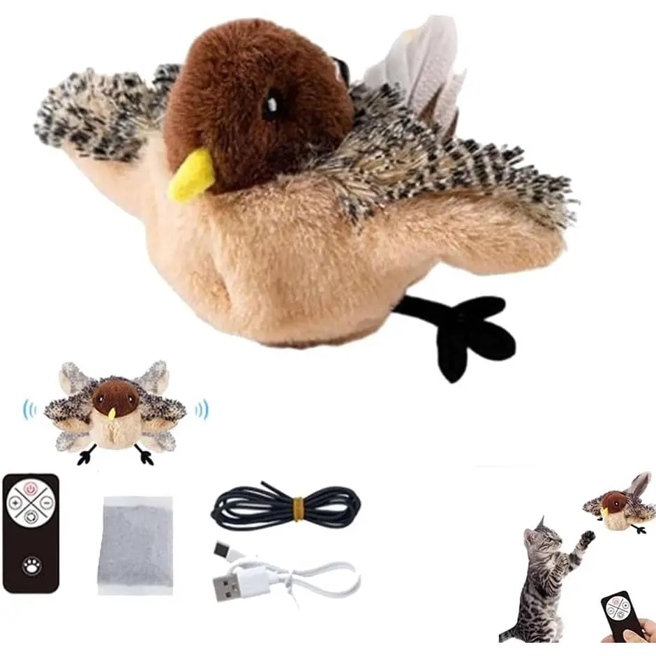 Flying Bird Cat Toy, Simulated Chirping Flapping Bird Cat Toy Wings, Rechargeable Interactive Flappy Bird, Realistic Cat Toys, Bird Catnip Toys for Indoor Cats (1PCS-A)