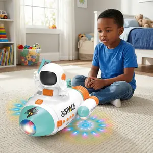 Kids Rocket Toy with LED Lights & Music, 360° Rotating Moving Astronaut Spaceship, Interactive Educational ABS Toy for Toddler