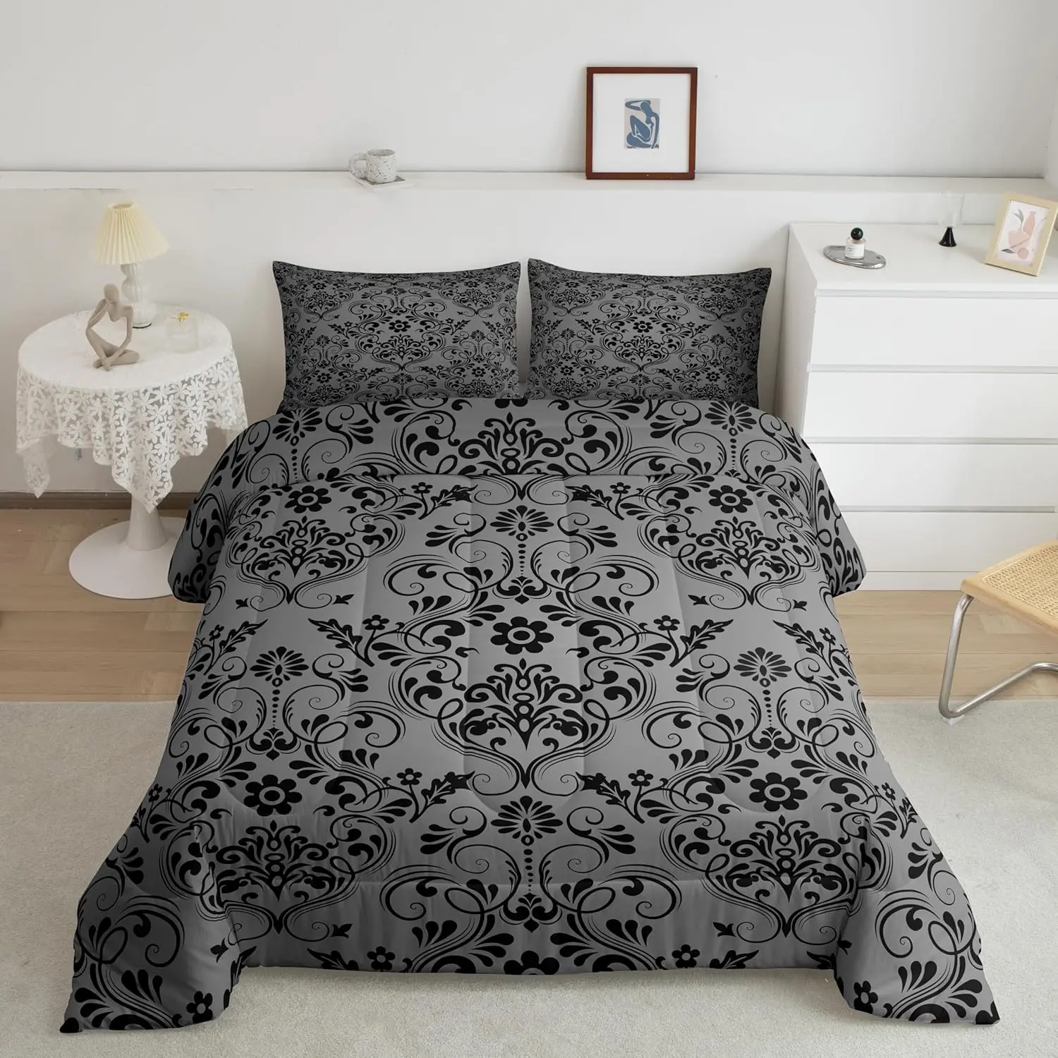 Feelyou Black Vintage Damask Floral Microfiber Comforter Set - Oriental Gothic Bohemian Luxury Bedding, Exotic Duvet, Machine Washable, Multi-Size Linens Set, Microfiber Bedding Set