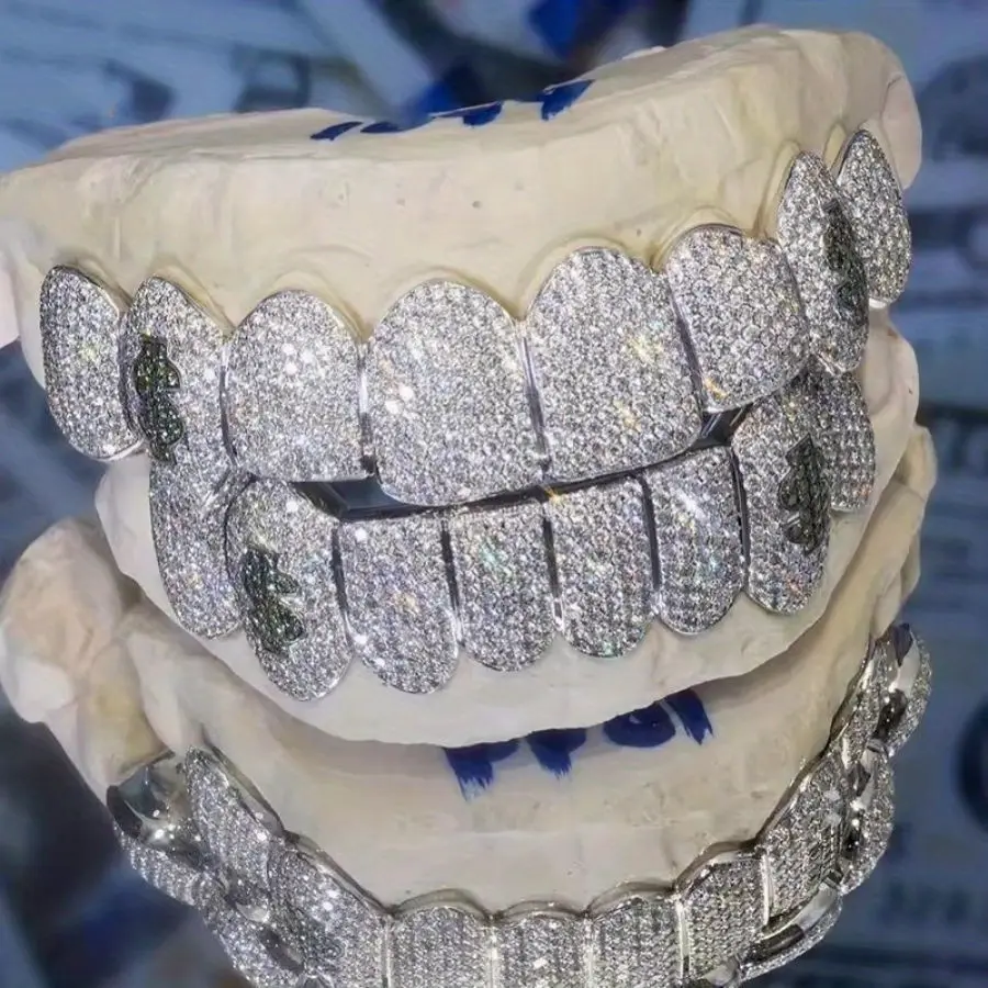 Unisex 2pcs Punk Hip Hop 16-Teeth Top and Bottom Cubic Zirconia Teeth Grills Set - High-Quality, Durable, Comfortable Dental Accessory, Perfect for Cosplay, Rapper Jewelry, Unisex Accessory, Teeth-Shaped Piercing Jewelry