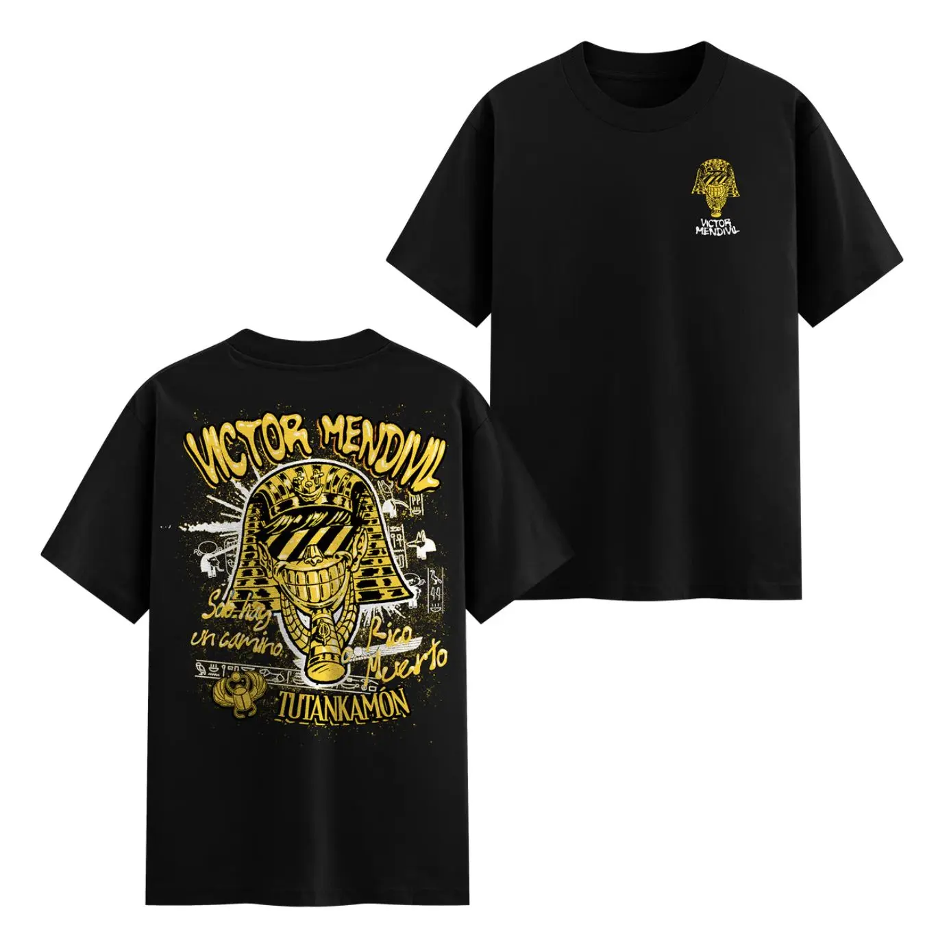 Men's Short-Sleeve Fitted Round Neck Soft Rico o Muerto Victor Mendivil Graphic T-Shirt - Black, Premium Cotton, Unisex Fit, Egyptian Pharaoh Design, Bold Yellow Text, Streetwear Staple, Pop Culture Gift