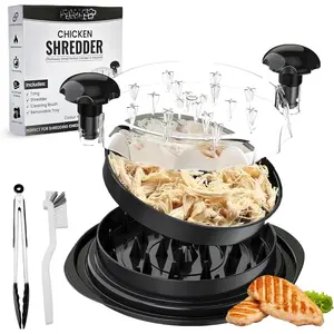 Chicken Shredder Tool Twist Large with Transparent Lid, Brush & Tongs - 10" Handheld Meat Shredder Tool Twist for Chicken, Turkey, Beef, Pork and  - Dishwasher Safe