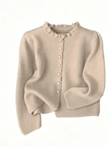 Soft Knitted Cardigan Coat, Cozy Lazy Style, Wooden Ears Design, Warm Sweater Outerwear, Perfect for Relaxing Days, Comfortable and Stylish Button