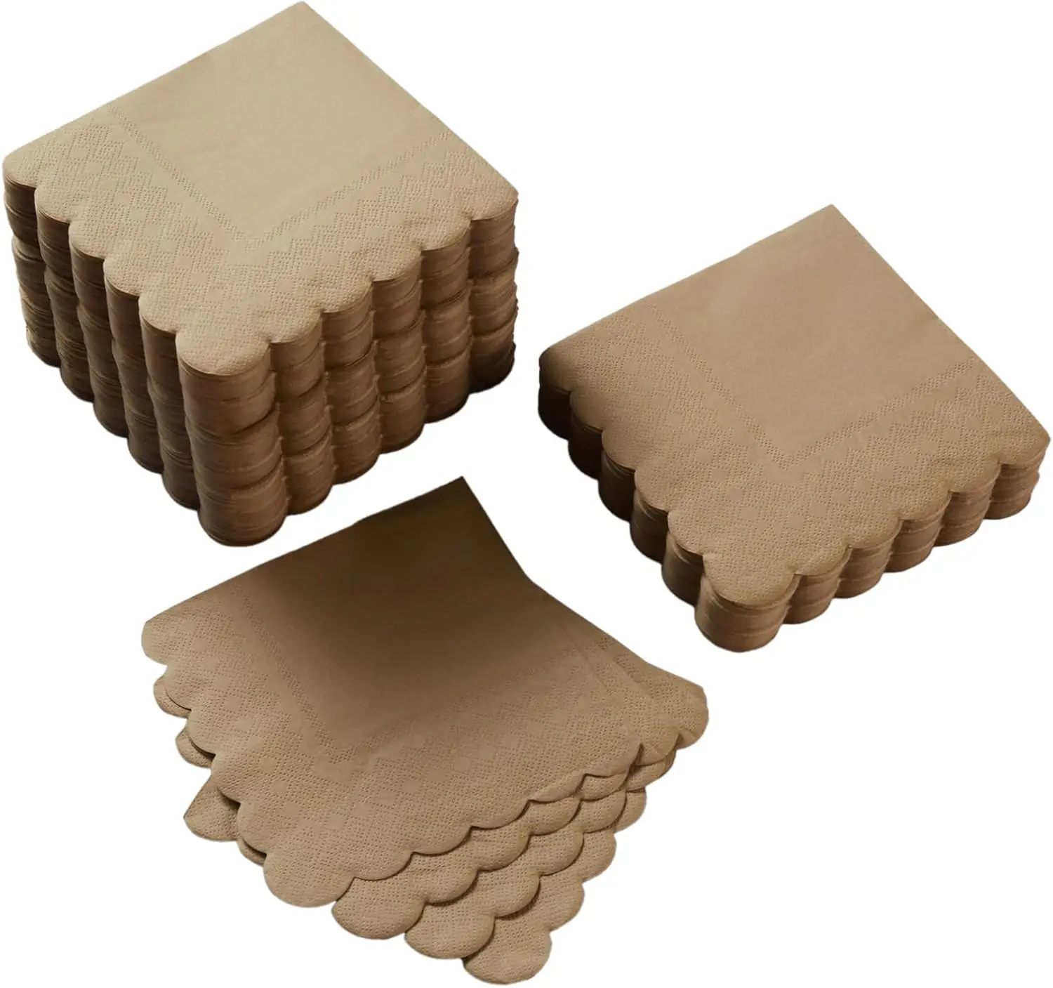 100 Pack  Napkin 2-Ply Scalloped Edged Dessert Napkins Folded 5 x 5 Inches Disposable Napkins for Dinner Wedding Birthday Party Bridal Anniversary Reception Event (Brown)