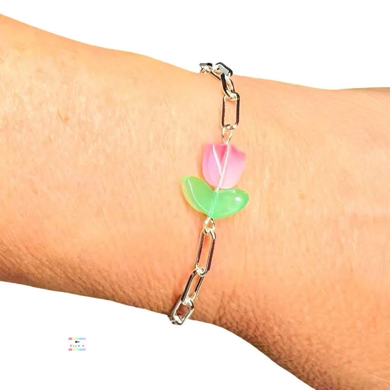 Silver Paperclip Tulip Bracelet / Pastel Flower Bracelet / Transparent Tulip Summer Bracelet