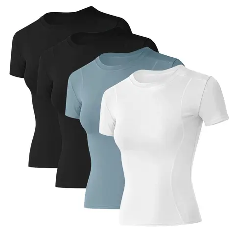 LOMON Women's 4-Pack Compression Shirts for Women - Dry Fit Athletic Workout Clothes, Minimalistic Gym Workout Apparel, Wardrobe Staples for Yoga & Training, Quick-Dry Activewear Tops