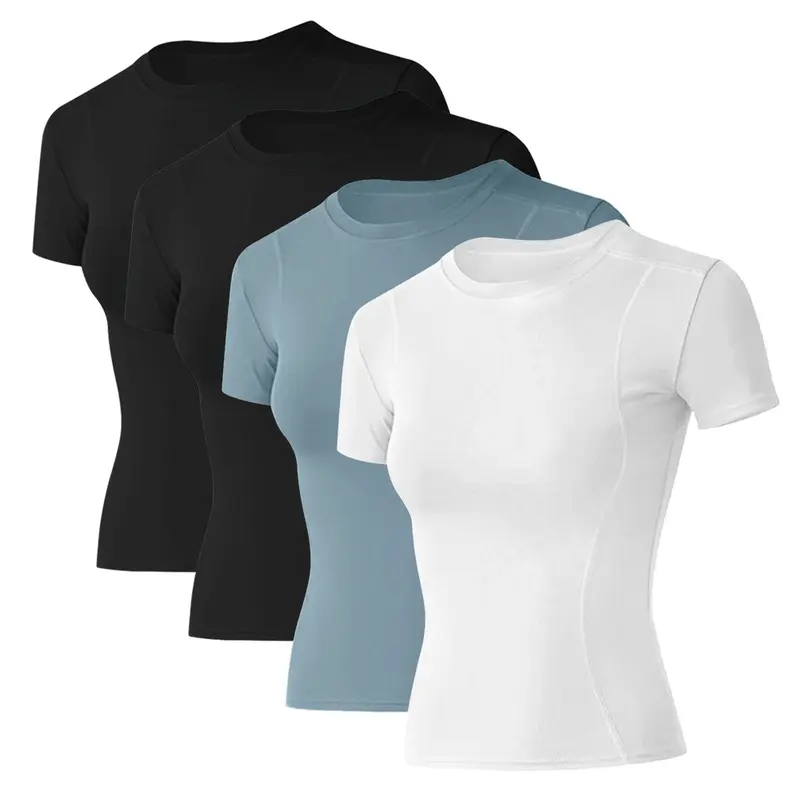 LOMON Women's 4-Pack Compression Shirts for Women - Dry Fit Athletic Workout Clothes, Minimalistic Gym Workout Apparel, Wardrobe Staples for Yoga & Training, Quick-Dry Activewear Tops