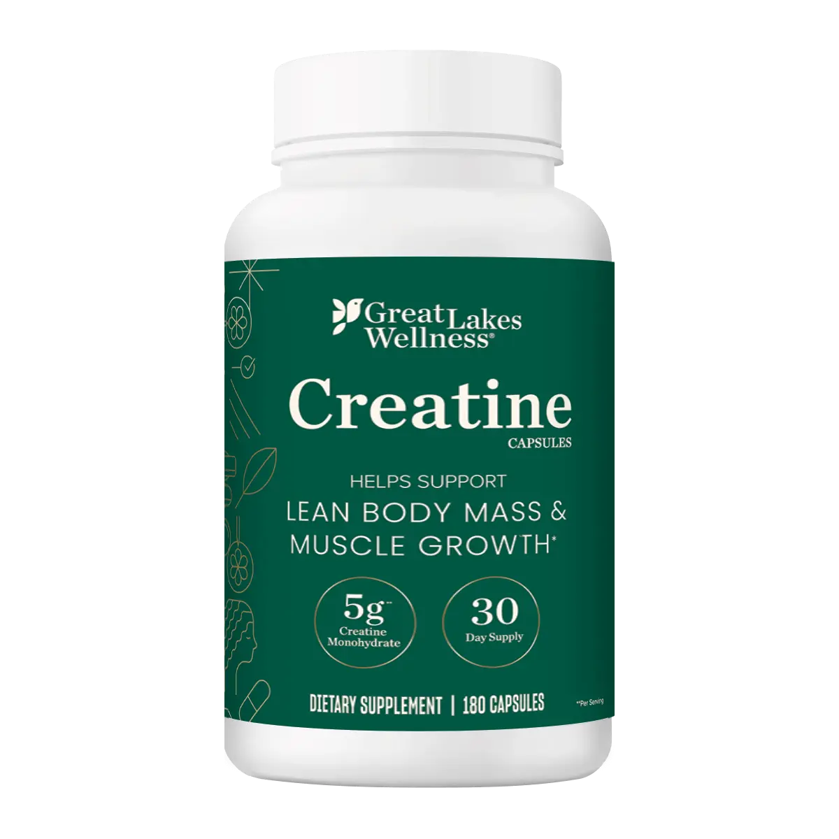 Great Lakes Wellness Creatine Capsules 5g Monohydrate per Serving 180 Capsules 30 Day Supply for Muscle Growth & Strength