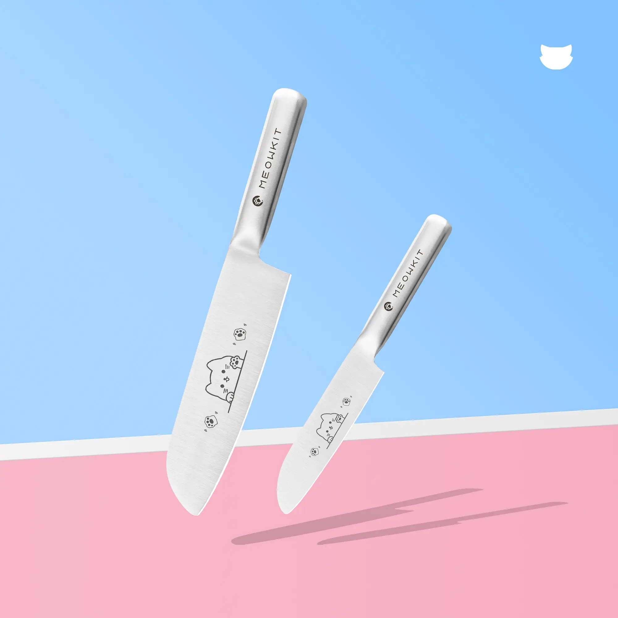 Meowkit Sturdy German Kitchenware 2-Piece Kitchen Knife Set with Cute Cat Etching Blade Design