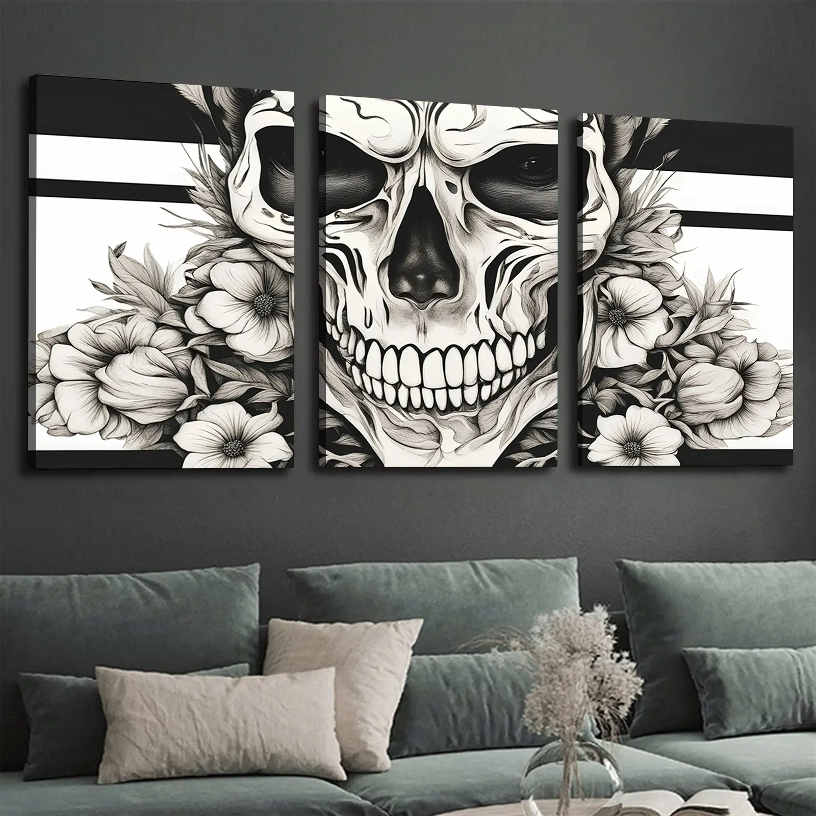 3-Piece Halloween Skull Decorative Artwork - Pine Wood Inlaid Frame Printing, Home Decor Accessory for Home Wall Display, Wall Art