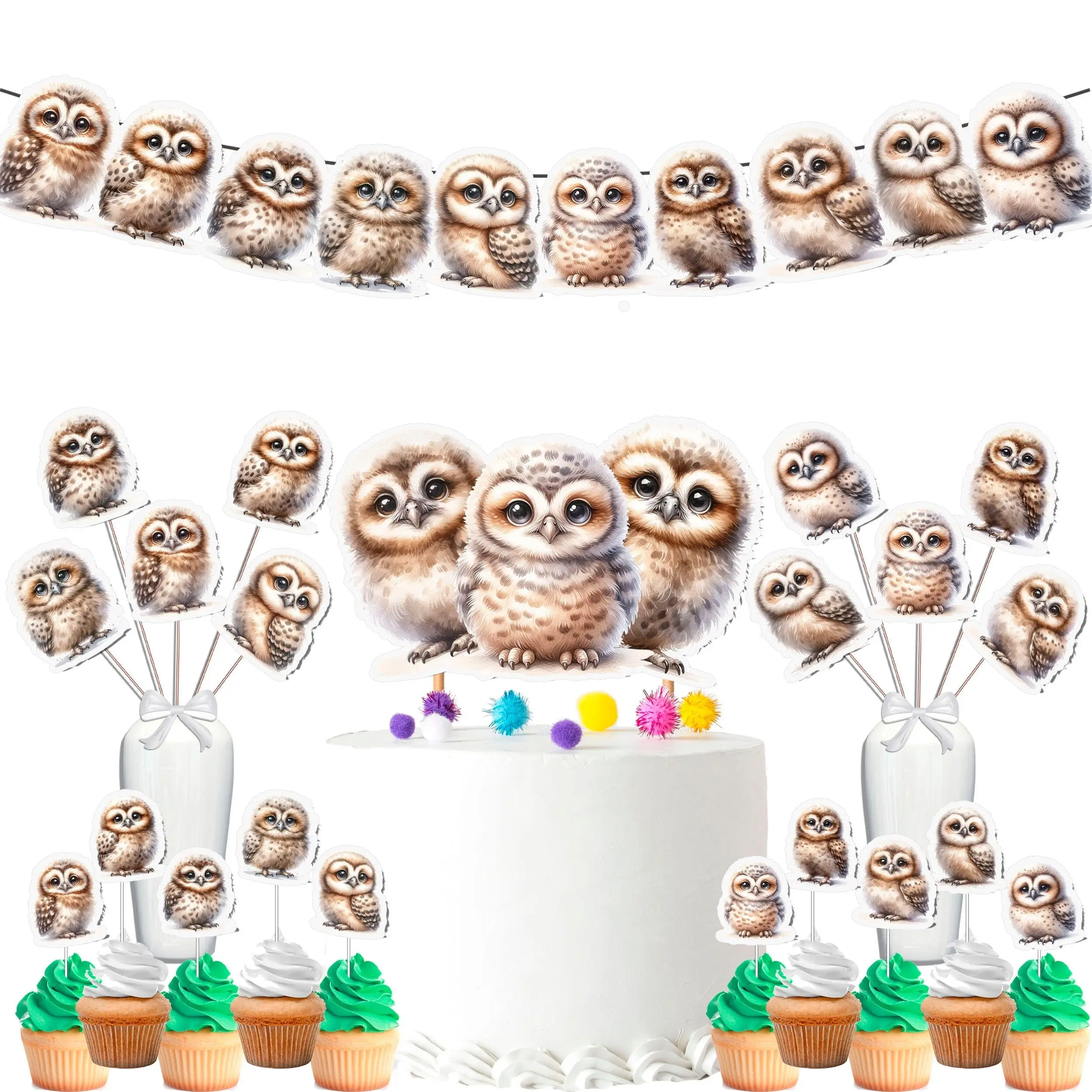 Whimsical Owl Party Decor Set - Adorable Cake Topper, Cupcake Toppers, Centerpieces & Banner - Enchanting for Baby Showers and Birthdays