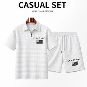 Men's Alpha Printed American Flag Pattern Short-Sleeved Polo Shirt And Shorts Set, Made Of Solid-Colored Textured Fabric, Breathable And Comfortable, Featuring A Classic Zippered Collar Design. A Stylish And Practical Everyday Outfit.
