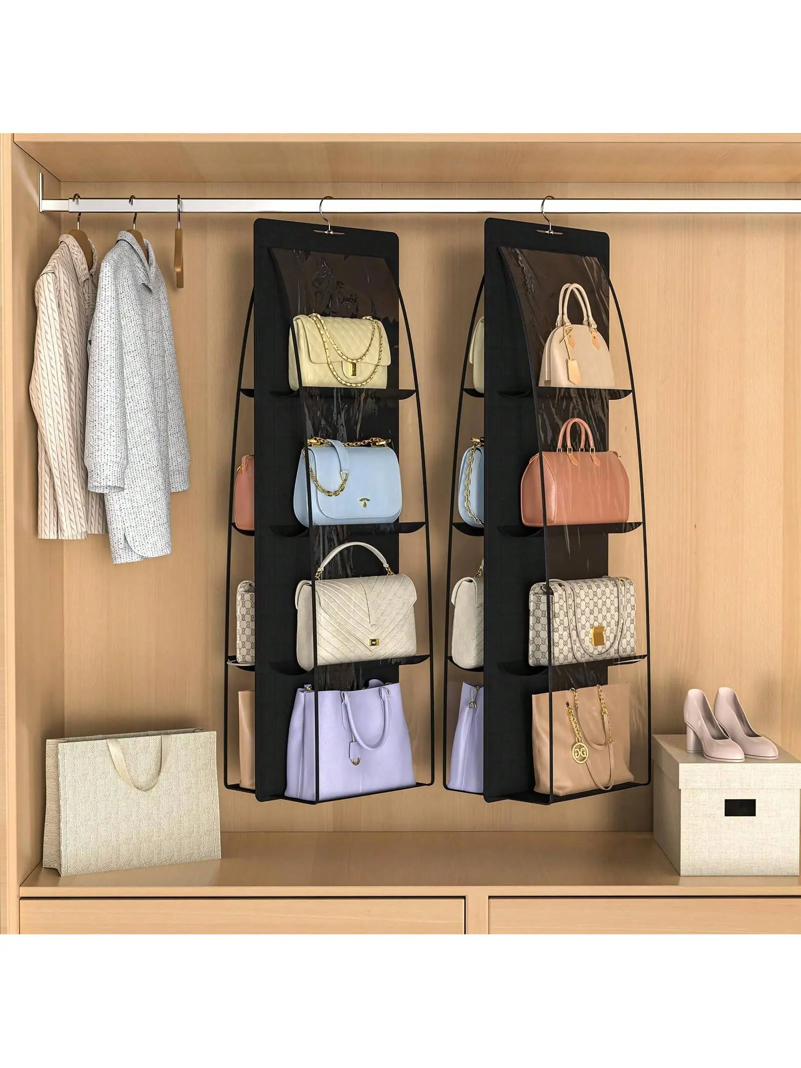 2 Packs 8 Pockets Black Handbag Hanging Purse Organizer for Closet Purse Storage Hanger and Handbag Organizer for Space Saving