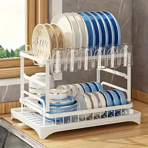 2 Tier Large Dish Drying Rack for Kitchen Counter with Drainboard Stainless Steel Dish Drainer for Dish/Knifes/Cup/Cutting Board