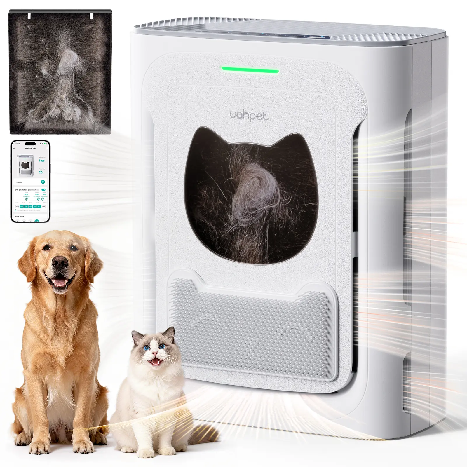 Uahpet Slim Air Purifier for Pet, H13 HEPA Washable Double-Sided Filter, Large Room 2300 sq ft, Air Cleaner for Pet Hair Dander Odor Allergies Pollutant Smoke Dust, PM2.5 Air Quality Monitor