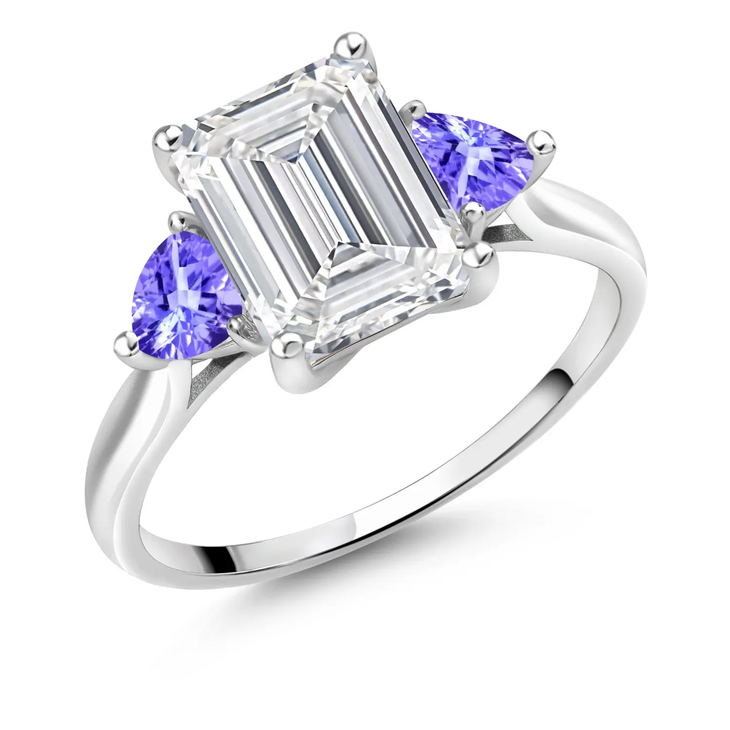 3.42 Cttw 10K White Gold IGI Certified VS Lab Grown Diamond & Blue Tanzanite 3 Stone Engagement Ring For Women | Center Emerald Cut Diamond 3 Ct | 4MM Trillion Blue Tanzanite