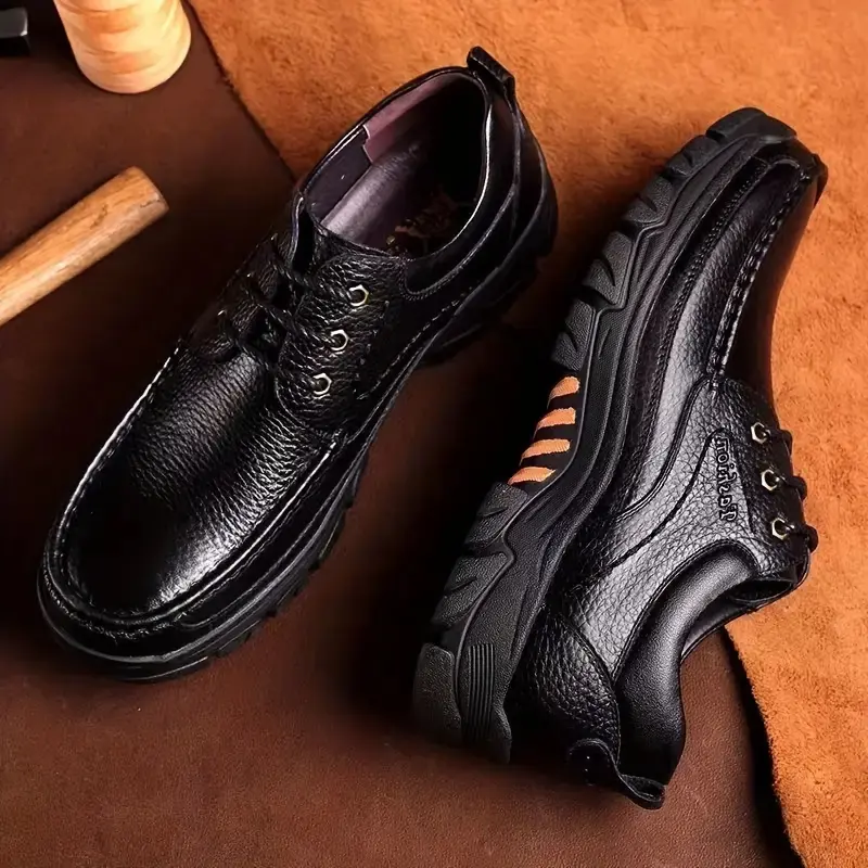 Men's Genuine Leather Casual Shoes, Waterproof Anti-Slip Work Shoes for Men, Lightweight Comfort Derby Shoes for Office & Outdoor, Black Business Sneakers