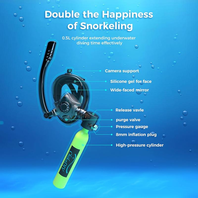 Mini scuba tank with Sub mask, 0.5L Diving Tank with Full face Mask Underwater Breath System Lung Tank DOT Certified Pony Bottle for Snorkeling,Suitable for various scenarios such as beach snorkeling and pool parties.