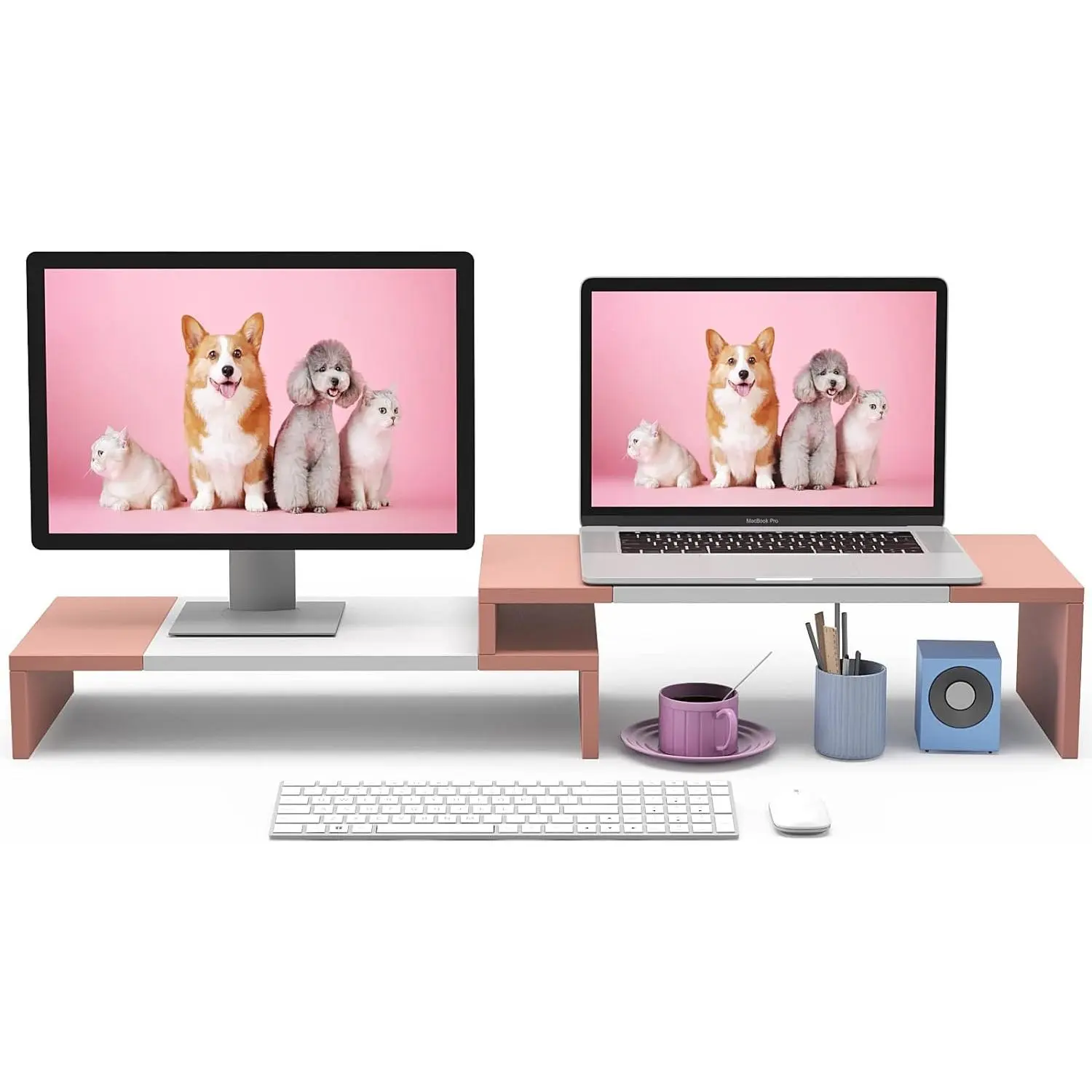 Dual  Stand -  Stand Riser - 2 Shelf Computer  Stand with Adjustable Length and Angle,  Stands for 2 Monitors, Desktop Organizer Stand for PC, Computer, Laptop