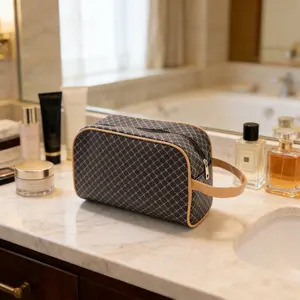 Large Capacity PU Leather Makeup Bag - Chic Geometric Pattern Travel Toiletry Organizer with Handle, Waterproof Cosmetic Storage Case (10.4" x 5.5" x 4.4")