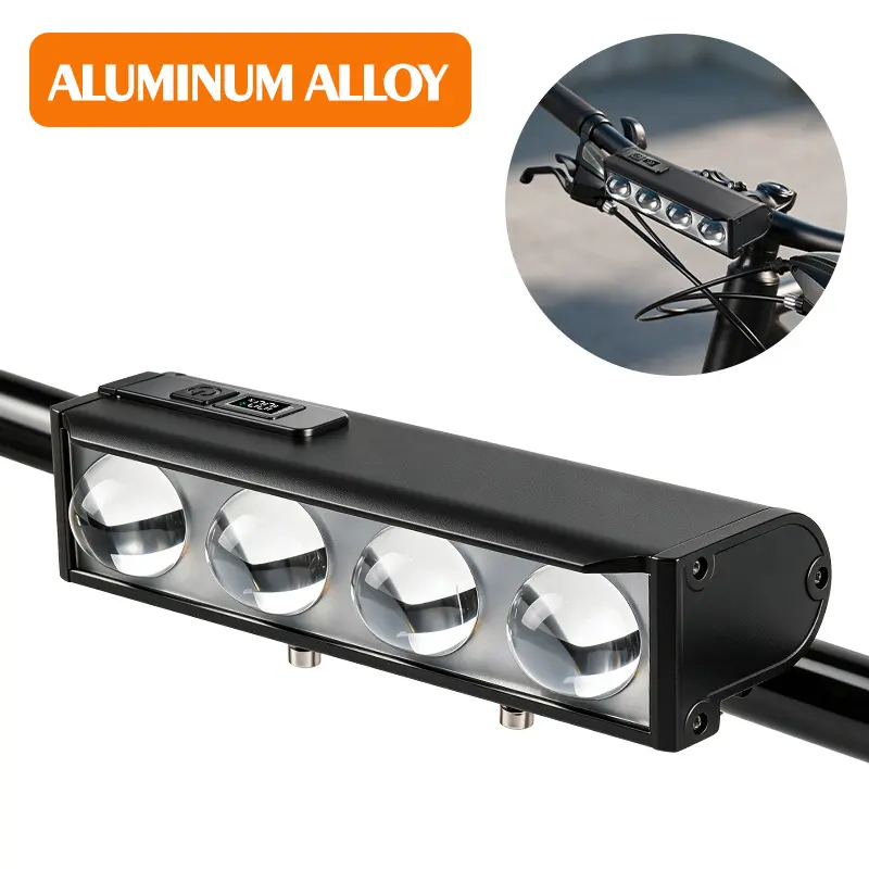 4led All-Aluminum Alloy Digital-Display Smart 4LED Bike FrontMount LED Light - 4 High-Power LEDs, Ultra-HighBrightness, Durable, 4 Lighting Modes, 4000mAh USBCharge Battery, Solid Metal Mounting Parts, outdoor,Night Riding Gear