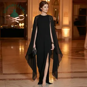 Women's Elegant Formal Evening Maxi Dress with Cape Long Flare Sleeves High Split Crew Neck Solid Color Valentine's Day Outfit Prom Dress Graduation Dress Wedding Guest Dress Birthday Dress