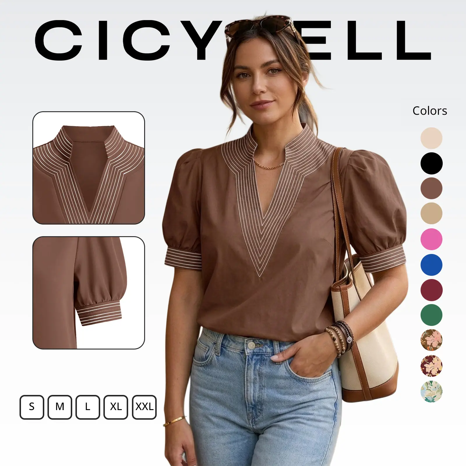 Cicy Bell Womens Puff Short Sleeve Blouses Summer Casual Dressy Contrast Stitch V Neck Tops Loose Fit Tee Shirts Polyester Shortsleeve