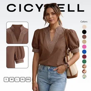 Cicy Bell Womens Puff Short Sleeve Blouses Summer Casual Dressy Contrast Stitch V Neck Tops Loose Fit Tee Shirts Polyester Shortsleeve