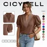 Cicy Bell Womens Puff Short Sleeve Blouses Summer Casual Dressy Contrast Stitch V Neck Tops Loose Fit Tee Shirts Polyester Shortsleeve