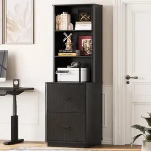 【CategorySelect】ONBRILL 71" Tall Fluted Bookcase with 2 File Drawers, Curved Design Display Bookshelf with Storage, Mid-Century Modern 3 Tier Bookcase with Sturdy Pedestal for Home Office, Living Room