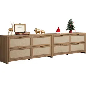 SICOTAS 60.8" Dresser for Bedroom, Rattan Boho Dresser with 4 Deep Drawers, Large Chest of Drawers for Closet,Nursery,Dressers TV Stand for Living Room