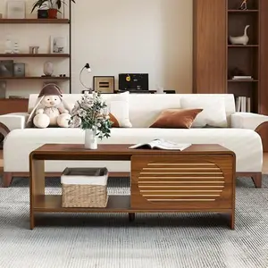 Giratree 43.3“ Mid Century Modern Coffee Table with Storage, Curved Profile Wood Coffee Table with Sliding Arched Door, Farmhouse Center Table Rectangle Coffee Table for Living Room, Office